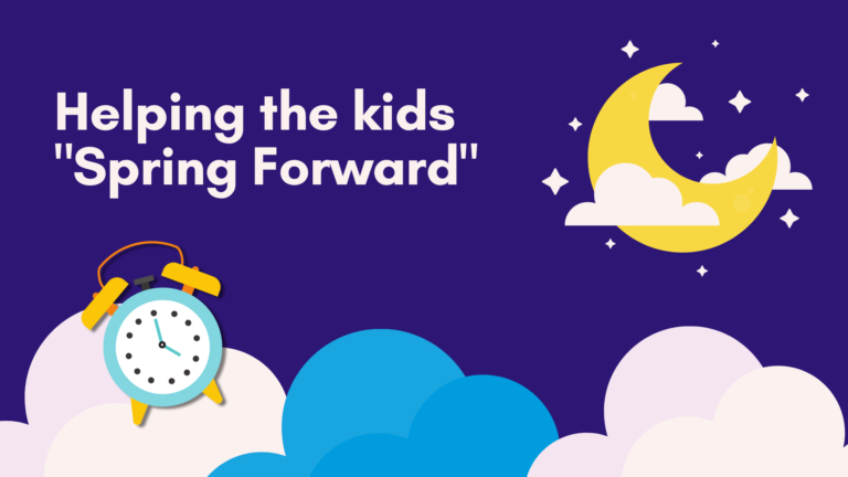 Graphic of night sky with coulds and moon and an alarm clock, saying Helping the kids spring forward