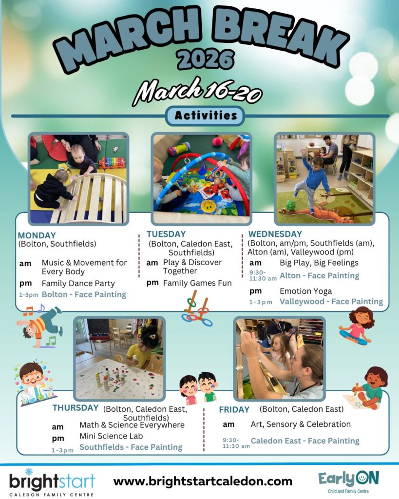 A graphic image outlining a weeks worth of March Break Plans at BrightStart Caeldon for 2026