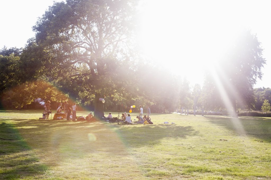 A lively gathering in a park in Mississauga, where several people are enjoying a sunny day. The sunlight creates a bright, warm atmosphere as individuals socialize and engage in activities. In the foreground, there are picnic blankets and children playing, while others are gathered around a barbecue grill. Colorful balloons and decorations hang from a nearby tree, enhancing the festive mood.