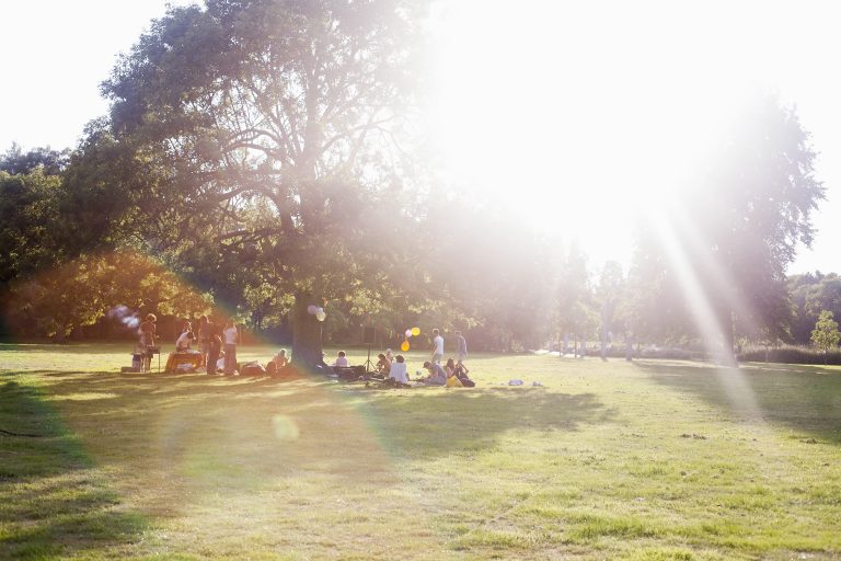 A lively gathering in a park in Mississauga, where several people are enjoying a sunny day. The sunlight creates a bright, warm atmosphere as individuals socialize and engage in activities. In the foreground, there are picnic blankets and children playing, while others are gathered around a barbecue grill. Colorful balloons and decorations hang from a nearby tree, enhancing the festive mood.