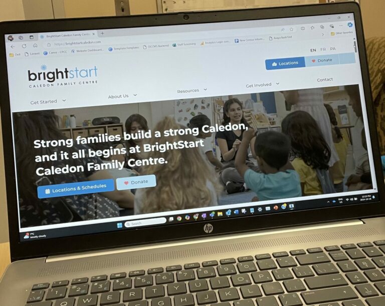 photo of laptop browser open to new BrightStart Caledon Family Centre website